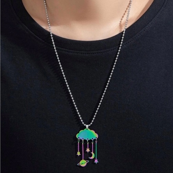 “Cloud Constellation” Rainbow Ombre Cumulus Crescent Star Planet Space Necklace - Picture 3 of 5